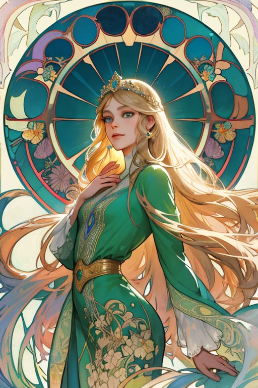 detailed portrait of a young girl, beautiful detailed eyes, beautiful detailed lips, extremely detailed face, long eyelashes, slim figure, long and straight blonde hair, side-swept bangs, flowing hair in the wind, delicate tiara, pale skin, upper body portrait, standing, wearing a green dress, geometric pattern, flower, facing forward, hand at her side, gentle smile, wind magic, symmetry, watercolor, matte finish, inspired by Mucha, bold outlines, fluid lines, high resolution, super detailed, (best quality,4k,8k,highres,masterpiece:1.2),ultra-detailed,(realistic,photorealistic,photo-realistic:1.37)Obra-prima, Anatomicamente correto, Preciso, Melhor qualidade, Detalhes altos, Art Nouveau, por Alfons Mucha, 
