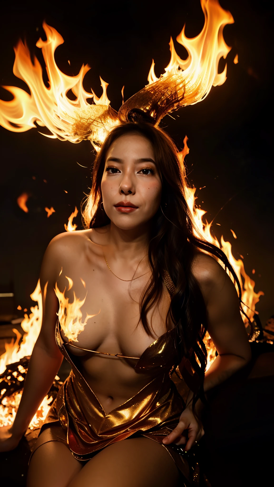 This (realistic fantasy) art contains embers, real flames, real heat, and realistic fire. Generate a masterpiece artwork of a petite female fire druid with large (((orange and gold))) eyes. The fire druid is awe-inspiring with beautiful ((realistic fiery eyes)) alight with confidence and power. Her features are elegant and well defined, with ((soft and puffy lips)), elven bone structure, and realistic shading. Her eyes are important and should be the focal point of this artwork, with ((extremely realistic details, macro details, and shimmer.)) She is wearing a billowing and glittering dress made of realistic flames and jewels that glimmer in the fire light. Wisps of fire and smoke line the intricate bodice of the dress. Include bumps, stones, fiery iridescence, glowing embers, silk and satin and leather, an interesting background, and heavy fantasy elements. Camera: Utilize dynamic composition techniques to enhance the realistic flames, blonde long hair, (((topless)))