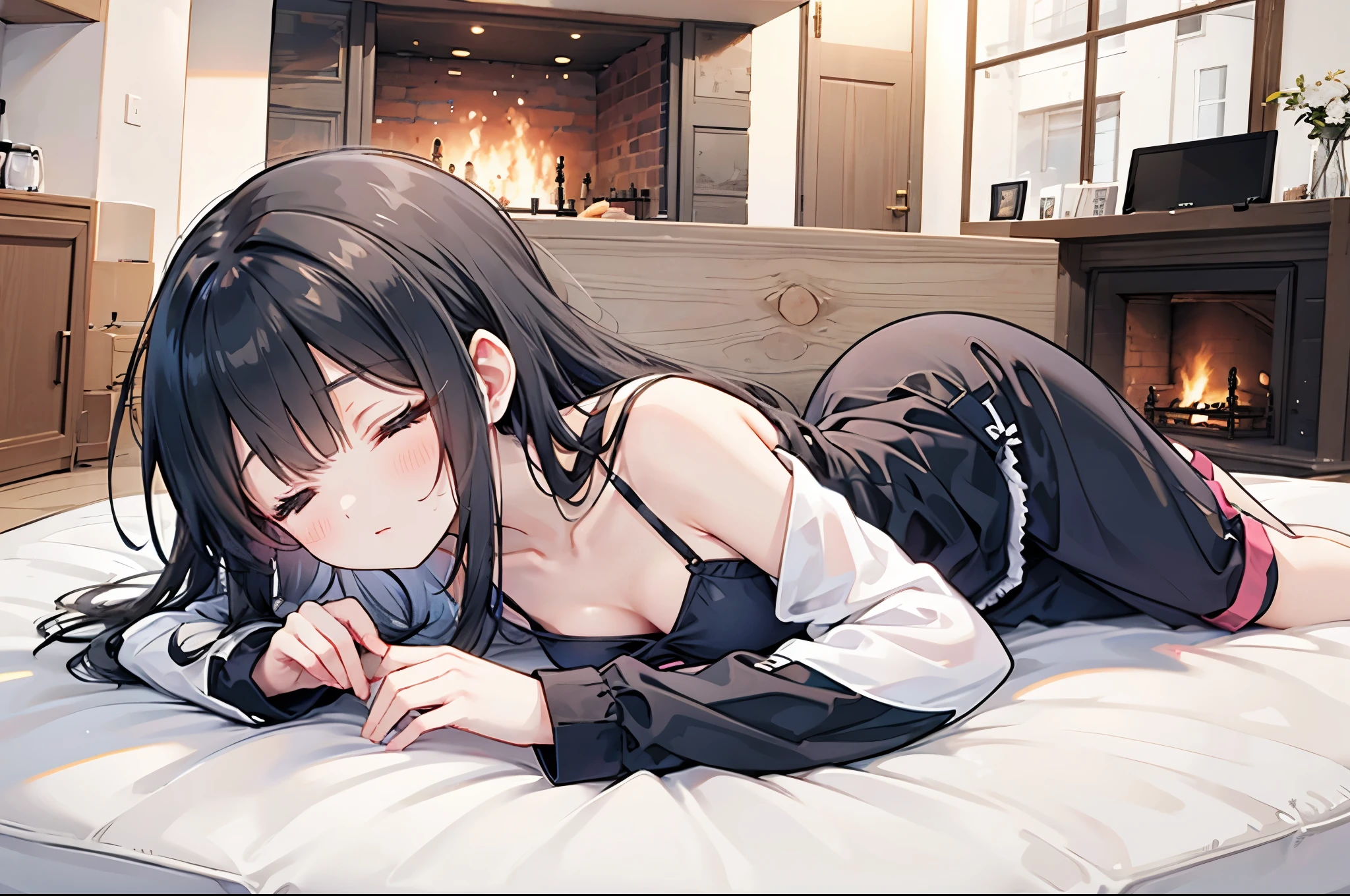 ((Best Quality, 8k, masterpiece: 1.3)),people間の女の子,１people,Petite,Glamorous Body,Curvy,cute,１００年に1peopleの逸材,((A humming expression,Close your eyes)),((Black Hair)),Long Hair,((Wearing fluffy loungewear)),((living room,Lie face down)),