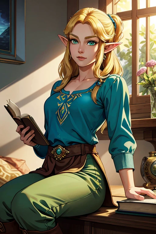 A beautiful, detailed portrait of Princess Zelda, a young woman with blonde hair, green eyes, and a simple expression, wearing a blue shirt, pants, and boots, holding a book, with pointed ears, against a simple background. The scene is magical, inspired by the Legend of Zelda video game series, including elements like a flower made of light and a sense of the character's power and solitude. The image is of the highest quality, photorealistic and vivid, with masterful attention to detail.