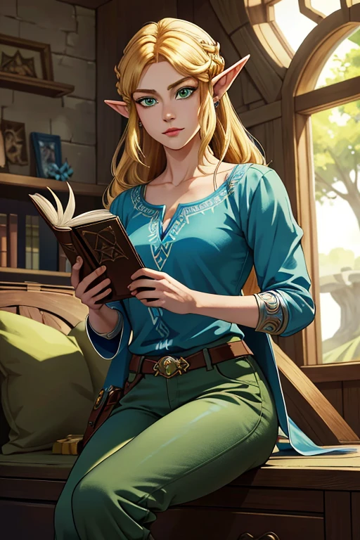 A beautiful, detailed portrait of Princess Zelda, a young woman with blonde hair, green eyes, and a simple expression, wearing a blue shirt, pants, and boots, holding a book, with pointed ears, against a simple background. The scene is magical, inspired by the Legend of Zelda video game series, including elements like a flower made of light and a sense of the character's power and solitude. The image is of the highest quality, photorealistic and vivid, with masterful attention to detail.