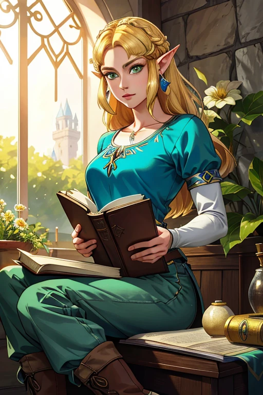 A beautiful, detailed portrait of Princess Zelda, a young woman with blonde hair, green eyes, and a simple expression, wearing a blue shirt, pants, and boots, holding a book, with pointed ears, against a simple background. The scene is magical, inspired by the Legend of Zelda video game series, including elements like a flower made of light and a sense of the character's power and solitude. The image is of the highest quality, photorealistic and vivid, with masterful attention to detail.