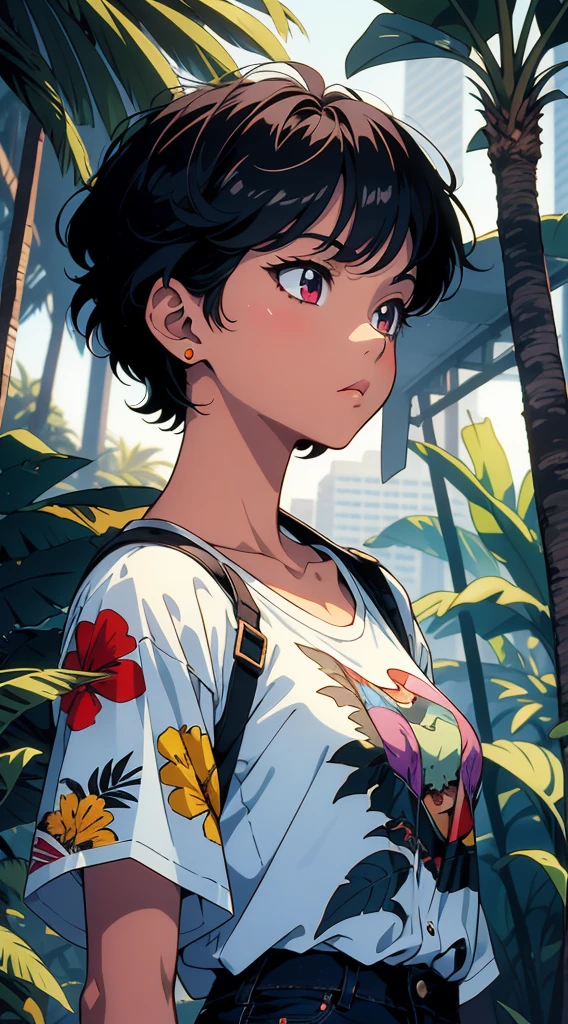 girl, black short hair, printed shirt, looking up, dark ambience, jungle, hot colors, masterpiece, cinematic angle, dynamic framing, 1990's vintage looking cel-shaded anime, by rumiko takahashi