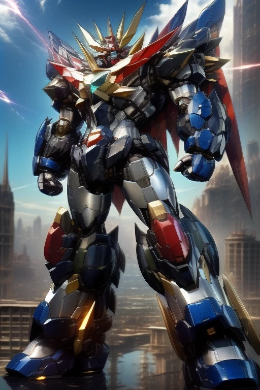 (masterpiece, Best Quality), High resolution, (8K resolution), (Super detailed),  Mazinger Z robot、Destroying the city of Burgos。　superrobot 　 Fully enclosed shoulder guards, Matching arm and leg guards, whole body, Full Armor, Super Robot, Robust and agile design, (The color scheme is mainly black and silver.、With red and blue accents。, the concept Inspired by Super Robot, Lion concept chest armor, stop temporarily, Standing, Floating above a futuristic sci-fi city), Exquisite and mature art style, (Aura effect, Energy, Glowing Eyes, Armor Shines), ((ＳＲＳ)), metallic, dramatic, High resolution, Best Quality, High resolution, Very detailed, Ultra-fine painting, Very delicate, professional, 完璧なボディprofessionalポーション, Anatomically correct, Symmetrical face, Very detailed目と顔, High quality eyes, creativity, RAW Photos, 超High resolution, 32K, Natural Light, Cinema Lighting, masterpiece-anatomy-perfect,　Glowing Eyes　Draw the eyes clearly