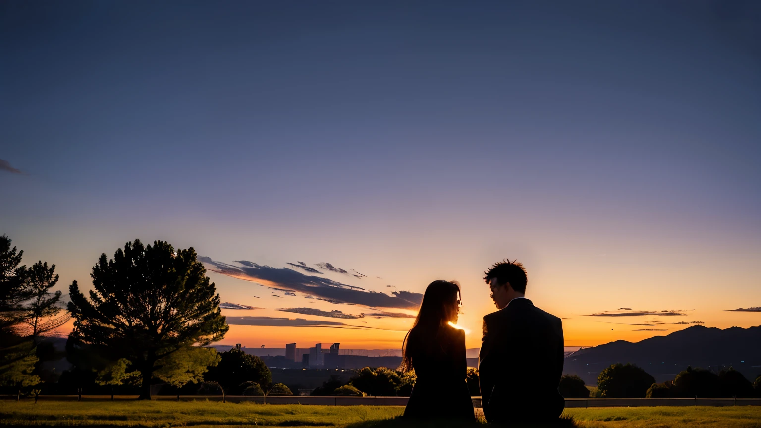Arafed couple sitting on a bench at sunset in a park - SeaArt AI