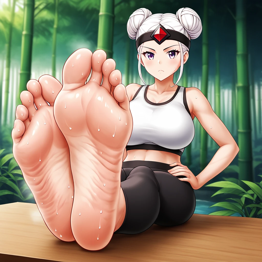 masterpiece, absurdres , (intricate details), (colorful),cinematic lighting,bust shot,extremely detailed CG unity 8k wallpaper,tenten\(shippuden\), 1girl, Alone, yoga pants ,white crop top, medium breasts, hand on hip,forehead protector, konohagakure symbol, headband,  looking at viewer, outdoors, bamboo forest,  frown, (((large breasts)))Sweating feet，Sweating soles of feet，Perfect feet，Five toes，Anatomically correct, HD，Line Art，Sweaty feet，Water dripping from the soles of feet，Girl sitting on the table，Double bun head, 