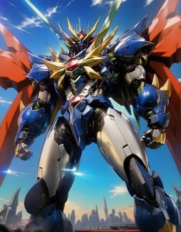 Humanoid Mecha, Fully enclosed shoulder guards, Matching arm and leg guards, whole body, Full Armor, Super Robot, Robust and agile design, (The color scheme is mainly white.、With red and blue accents。, the concept Inspired by Super Robot, Red chest armor, Glowing Eyes, Standing, Floating above a futuristic sci-fi city), Exquisite and mature art style, (Aura effect, Energy, Glowing Eyes, Armor Shines), ((ＳＲＳ)), metallic, dramatic, High resolution, Best Quality, High resolution, Very detailed, Ultra-fine painting, Very delicate, professional, 完璧なボディprofessionalポーション, Anatomically correct, Symmetrical face, Very detailed目と顔, High quality eyes, creativity, RAW Photos, 超High resolution, 32K, Natural Light, Cinema Lighting, masterpiece-anatomy-perfect, masterpiece:1.5　Glowing Eyes　zingerz　superrobot 