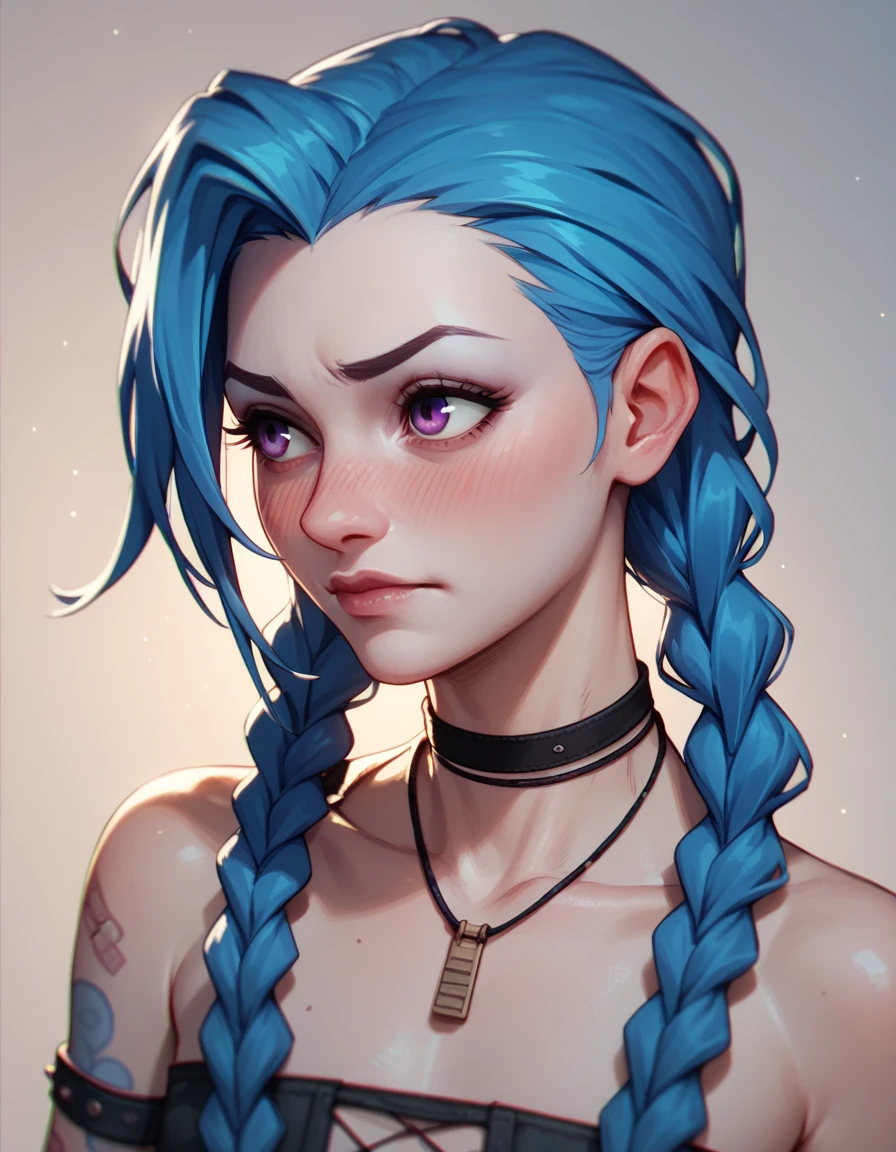 Jinx, blue hair, Braid, light purple eyes, blush, just the face, upper part, that&#39;s why, peace sign, bored look, futuristic background