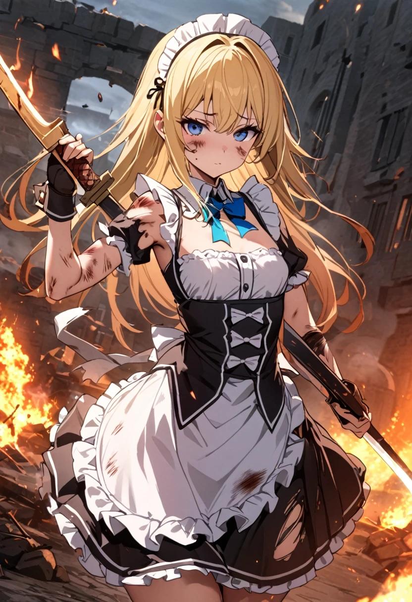 (8k, super high quality, masterpiece), (detailed), One Woman, Small breasts, blonde, cute, A little long, Blue Ribbon, Apron dress, Maid uniform, Slash with a two-handed sword, Perfect Posture, Burning Battlefield, Castle Defense, The whole body is dirty., Torn clothing, A strong enemy before me, Deadly Combat, Intense Combat, Quite dirty, Burnt, Injury, Blood