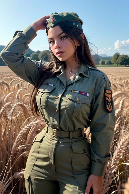 paparazzi photo of graciebon, wearing (ww2 army uniform:1.2), wheat field, upper body, fill lighting, eye level, 