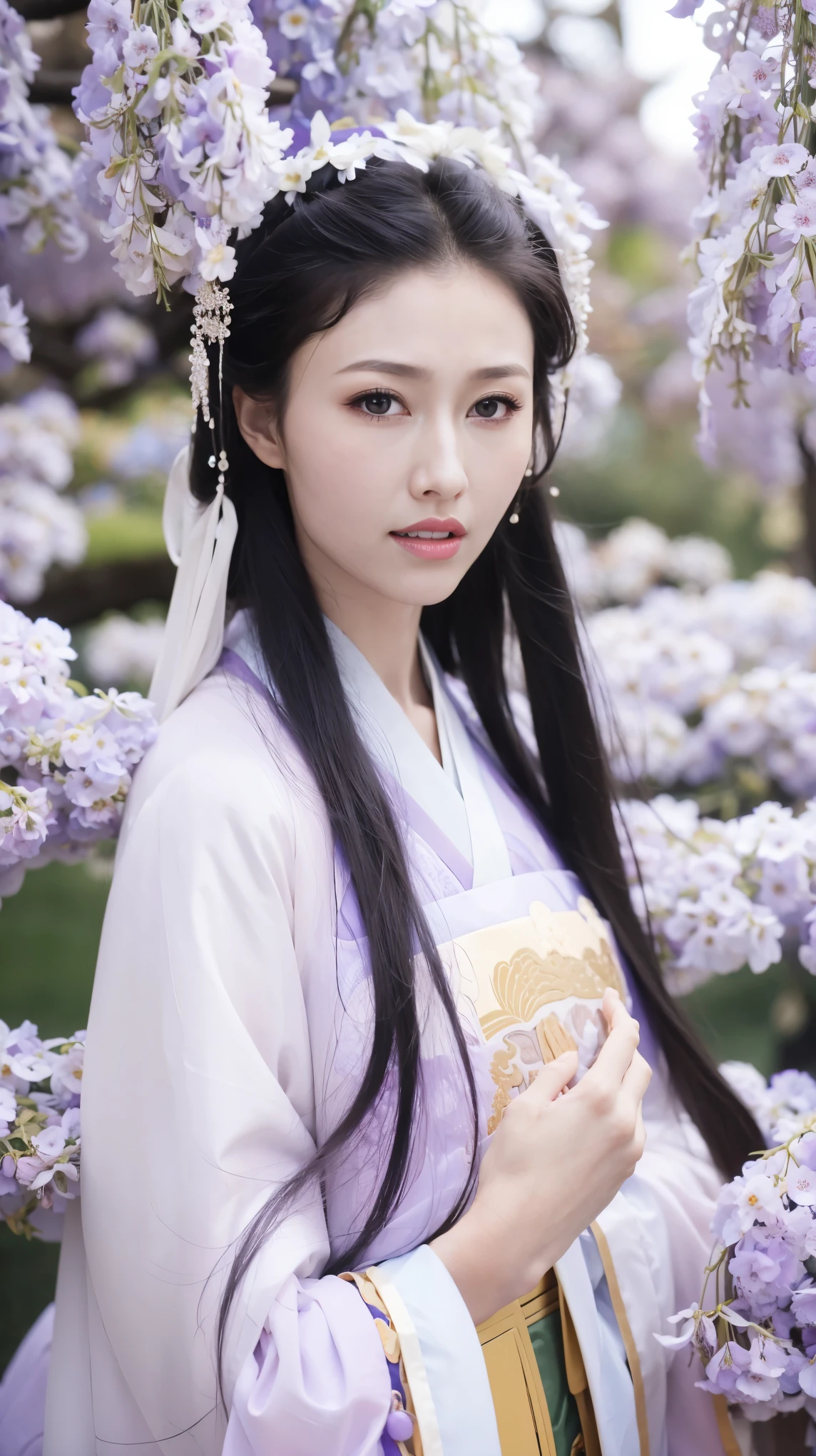 Fashion Model 2 [[[[Cleavage close-up]]]], [[[[Chest]]]], [[[[rape]]]], [[[[Shoulder]]]], Perfect eyes, Perfect Iris，Perfect lips，Perfect Teeth，Perfect skin，Long face，Soft headlights，HD Girls,White ancient Chinese clothing，Hanfu，Background with wisteria，（Soft colors：1.2）