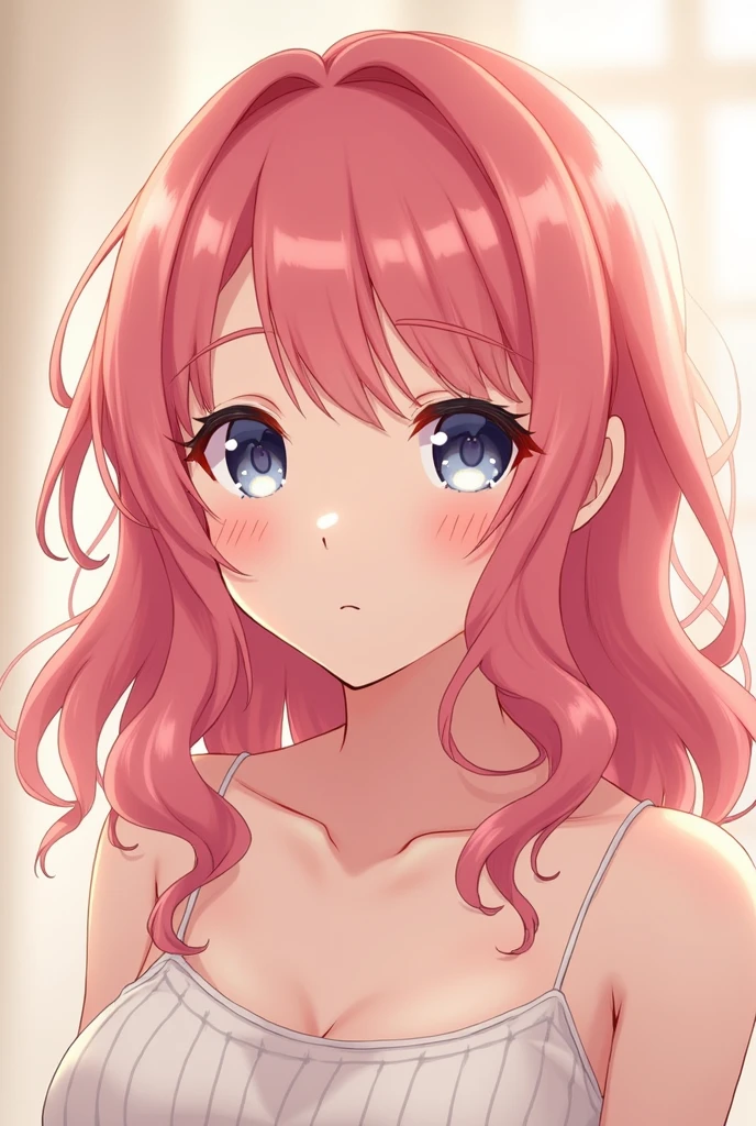 (pastel color palette), detailed aqua eyes, pink hair, (aqua eyes), Official art, Unity 8k Wallpaper, Ultra-detail, Beautiful and aesthetic, masterpiece, Best Quality, 1girl, ((big tits)), Extremely detailed, elegant, vivd color, romanticism, arms behind back, ((kawaii fashion)), shiny skin, sexy pose, heavy blushing, upper body, straight on, (cleavage), funky graphic design, (((anime style))), portrait,