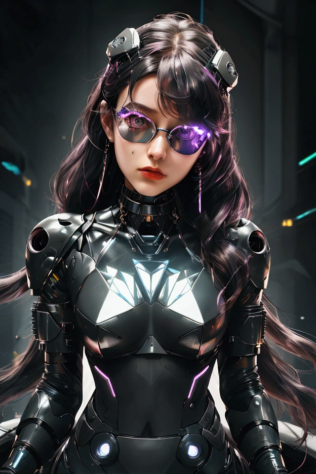 color photo of a pair of high-tech augmented reality glasses perched on the cyborg girl's head, a metallic choker embedded with pulsating LED lights around her neck, and a holographic interface bracelet projecting digital displays and controls, all blending seamlessly with her cybernetic enhancements and enhancing her futuristic aesthetic