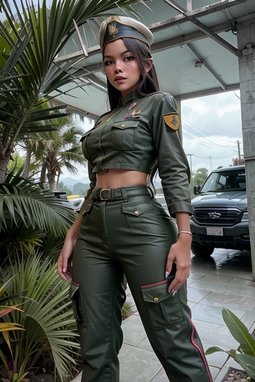 paparazzi photo of graciebon, wearing (vietnam army uniform:1.2), jungle, lower body, fill lighting, eye level, 