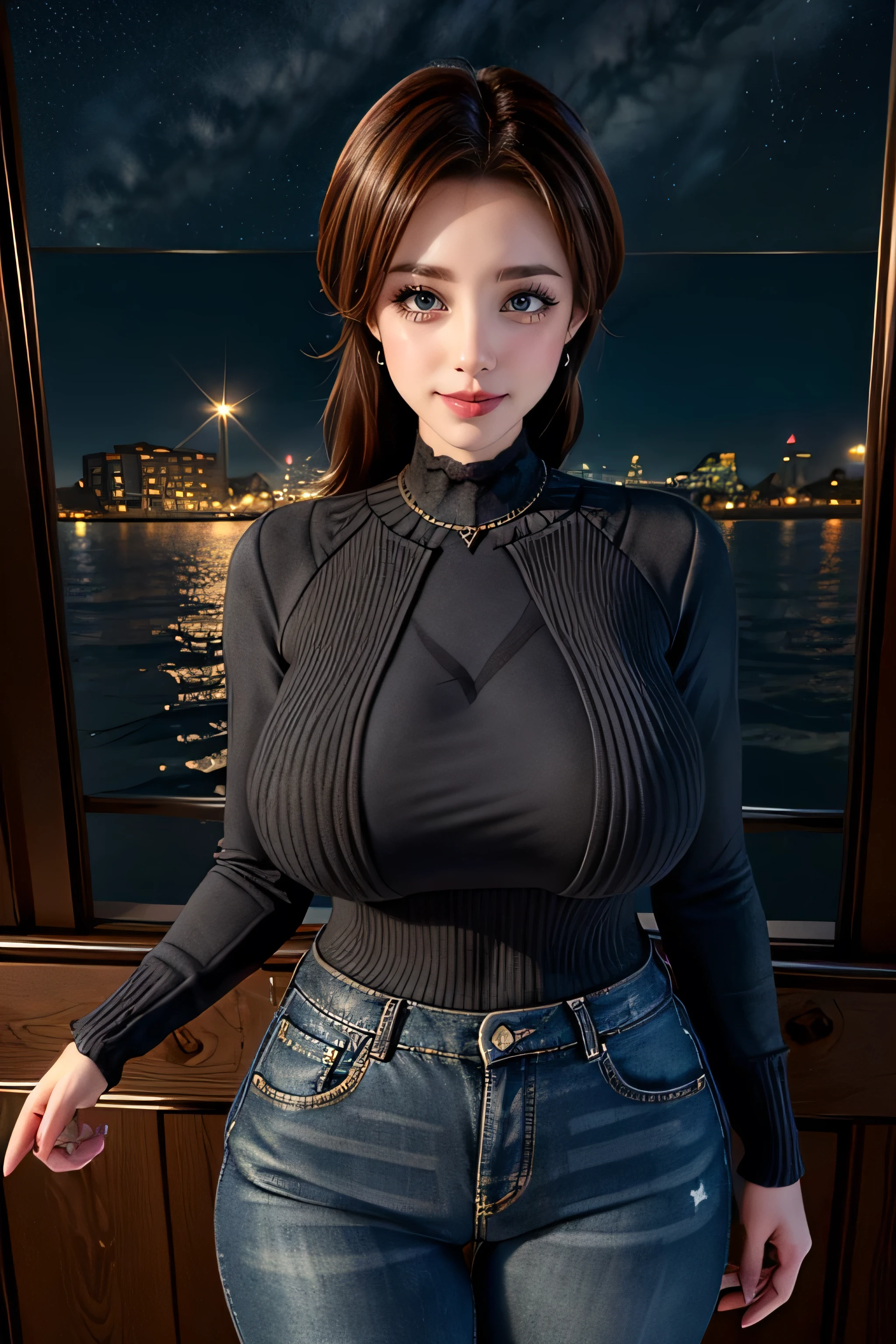 ((masterpiece,best quality, detailed)), cowboy shot, (1girl:1.2), solo,((35 year mature woman)), extremely realistic female eye,((blue brown))((red lipstick)),((woman in makeup)),((Very Intense Makeup))(seductive smile:1.3), huge breasts, standing, looking at viewer, (sea:1.3),(starry sky:1.3)
