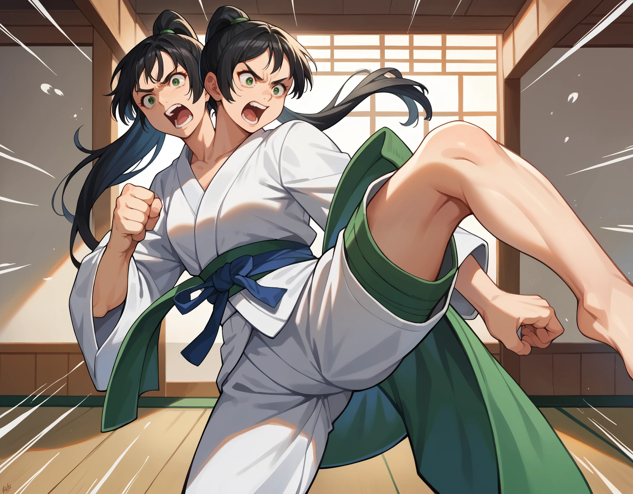 two heads, (masterpiece, best quality), best resolution, 1girl, black hair, ponytail, green eyes, karate gi, aggressive screaming, high kick at the camera, karate kick pose, close up, dojo