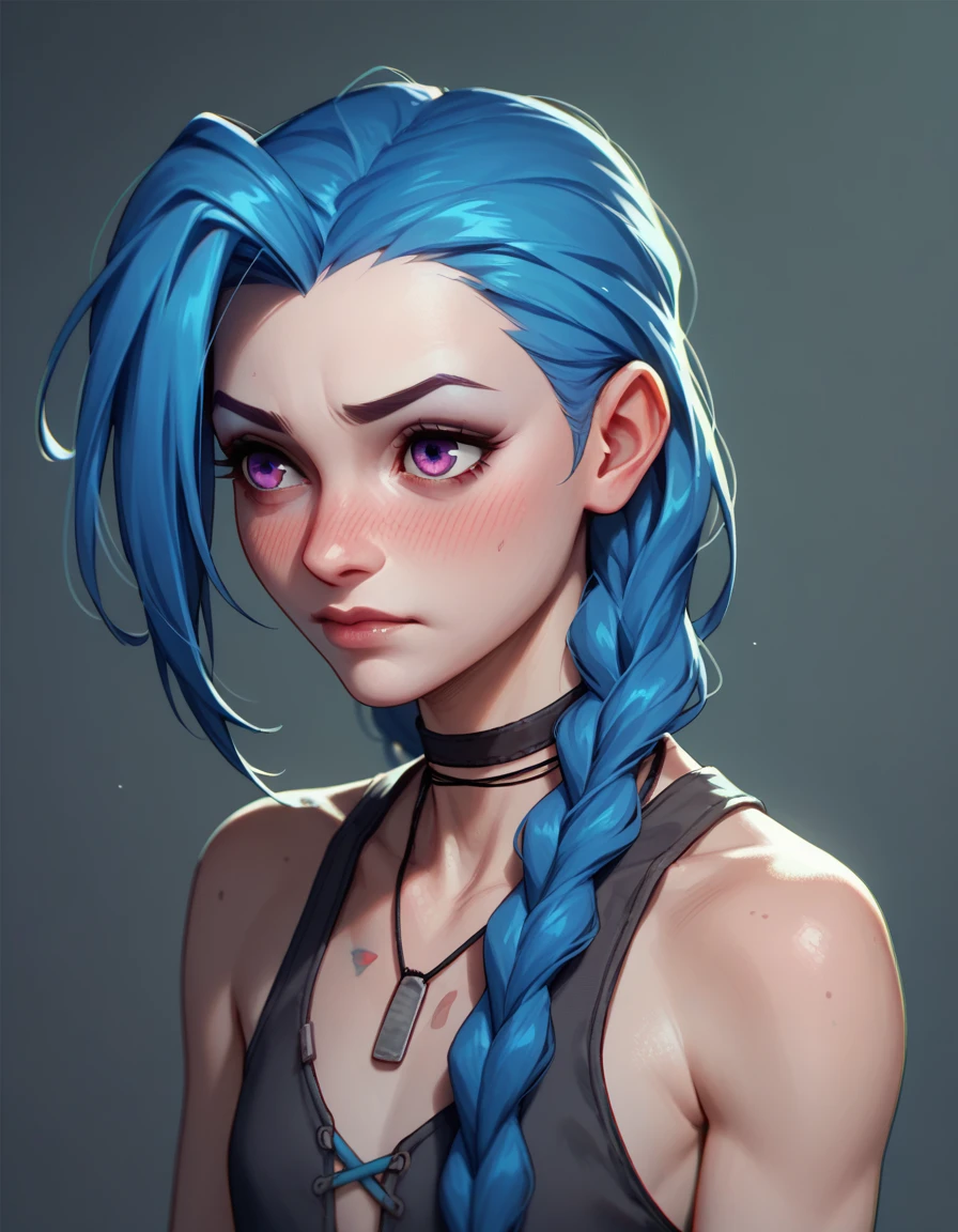 Jinx, blue hair, Braid, light purple eyes, blush, just the face, upper part, that&#39;s why, small breasts, flat breasts, ((peace sign)), tongue out, bored look, ((futuristic background)), best quality 