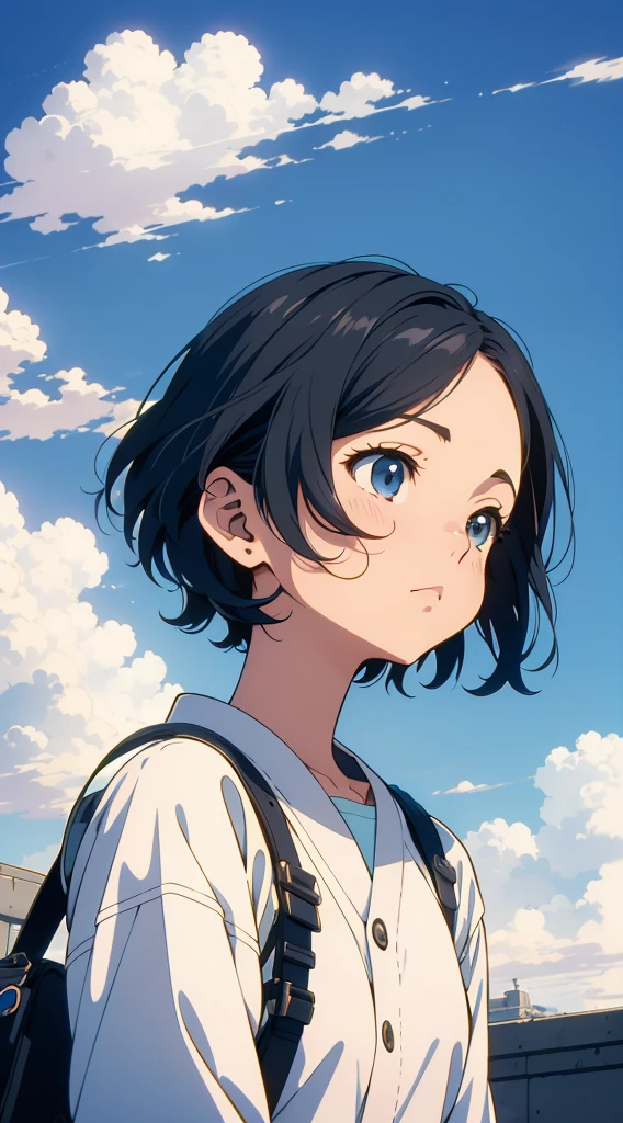 Girl, short black hair, looking up, cinematic angle, outdoor setting, blue sky, pastel colors, 90s anime style, Shinichiro Watanabe, style Shinichiro Watanabe, vintage style, retro style, 90s style