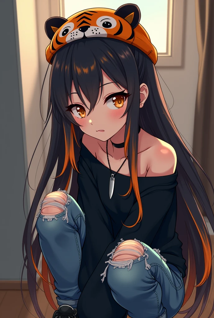 A female human wolf in anime form, with a short black skirt, a short black blouse, licking the sharp teeth, with a black sneaker, with a thick wooden cross chain, with long black hair 