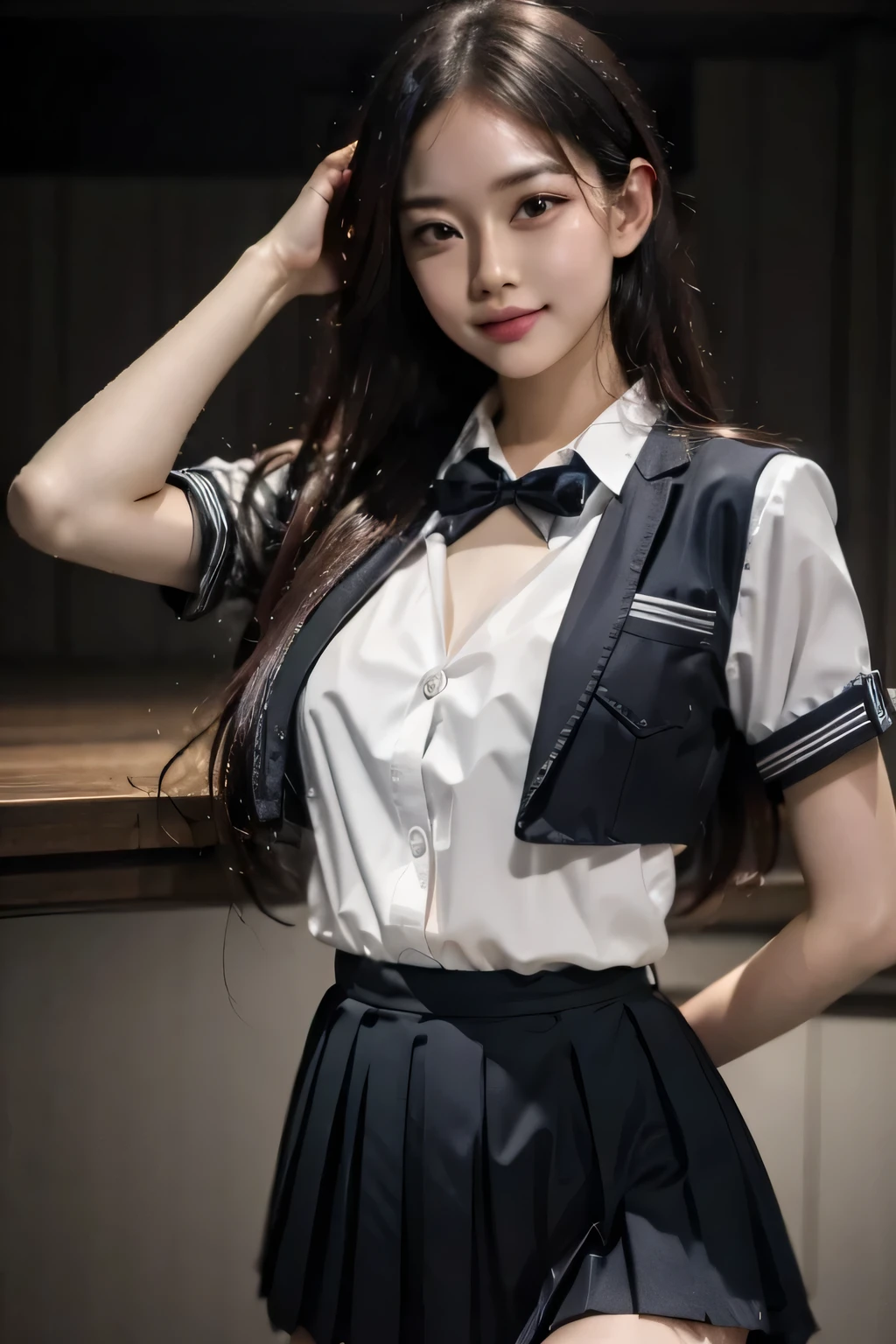 An innocent 20-year-old girl, (white sleeveless collared shirt and tie:1.5), (Leather mini Skirt with Stockings and Garter Set:1.5), (high heels), (Dramatic Pose),smile, (High Ponytail),natural Park、RAW Photos, (8k, highest quality, masterpiece:1.2), (Intricate details:1.4)、(Photorealistic:1.4), Octane Rendering, Complex 3D rendering with ultra-detail, Studio Soft Light, Rim Light, Vivid details, Super Detail, Realistic skin texture, Detailed aspect, Beautiful details in the eyes, Highly detailed CG Unity 16k wallpaper, compensate, (Detailed Background:1.2), Glowing Skin, whole body, ((thin legs)), small waist, Cleavage, (looking at viewer:1.2)