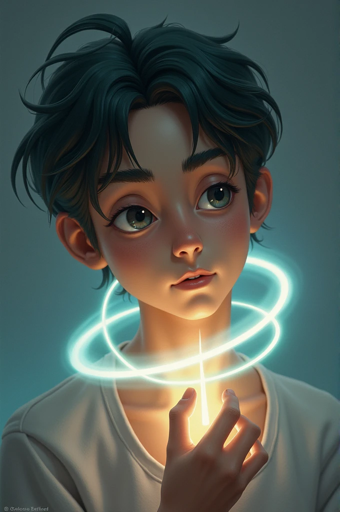 there is a young boy holding a glowing object in his hand, artwork in the style of guweiz, adorable digital painting, realistic anime 3 d style, wojtek fus, cute detailed digital art, connected with glowing tubes 8 k, inspired by Kanō Naizen, ross tran 8 k, cute digital art, childrens art in artstation, digital art render