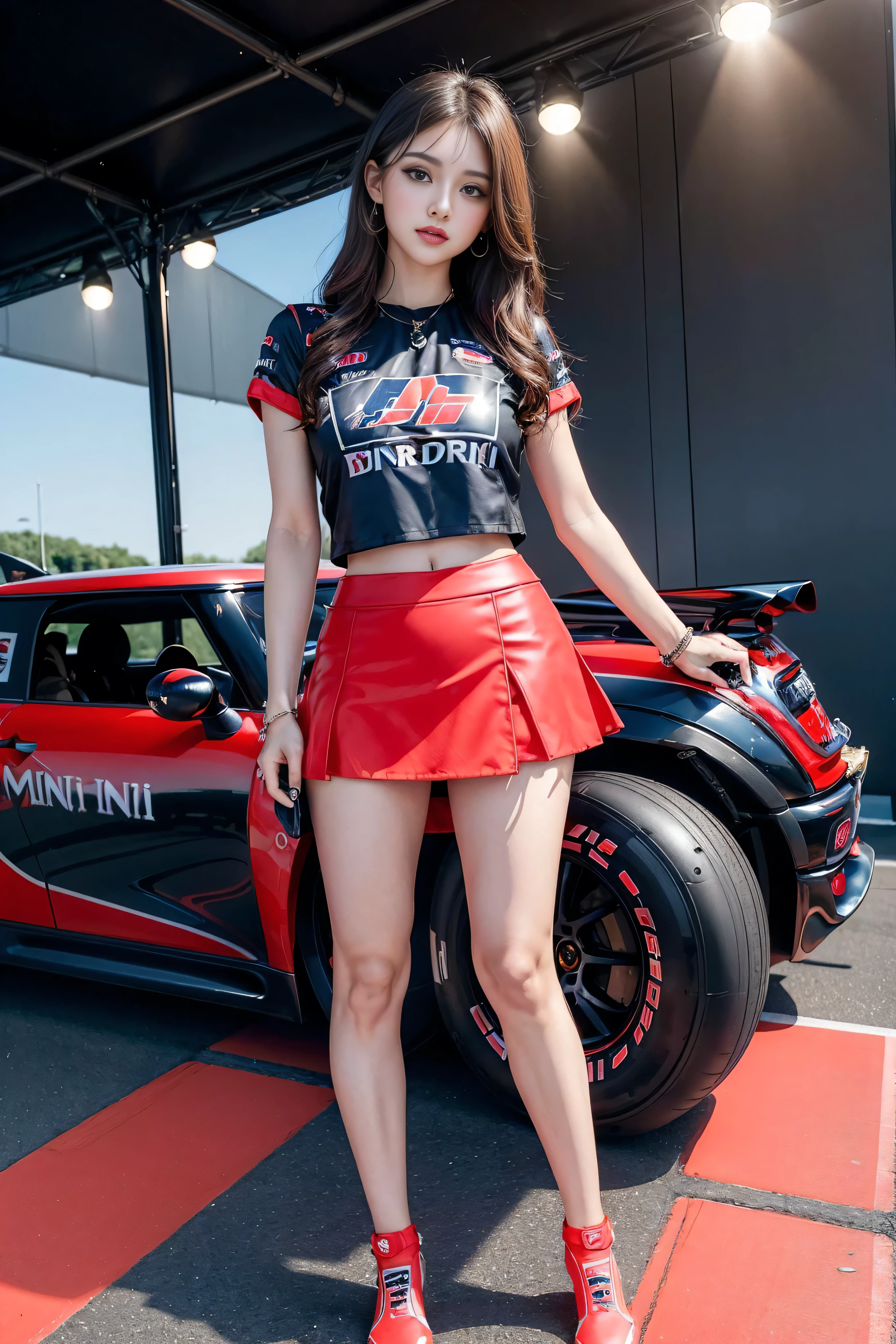 Super detailed photos、Detailed face、Lip gloss、Cool woman、Colorful costumes、F1 Driver Cosplay、Colorful costumes、Clothing with company logo、Grid Girlsのカラフルで派手な衣装、Grid Girls、Perfect Face、Paddock Girls、Harem、motor Show、tights、Bodycon Costumes、Grid Girls、Russia、Grid Girlsのコスプレ、belly button、Pleated skirt、Bodycon Costumes、Legs open pose、Spread your legs to show your crotch