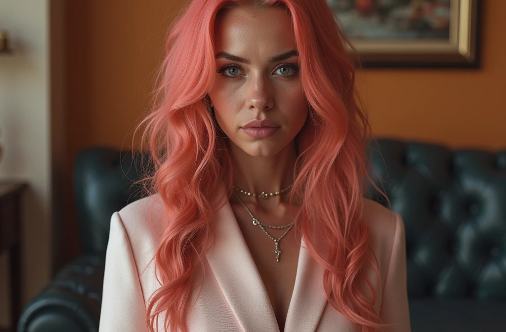 bvin, a highres headshot portrait photo of a 25_year_old_woman, strawberry blonde, pout, leather jacket, white turtleneck, skin texture, background bokeh <lora:bvin4:1>