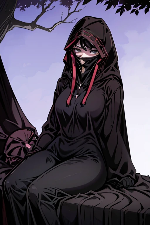No name assassin, sad, mask, red eyes, cloak, robe, white gloves, long skirt, hood, cape, lay down on the bed