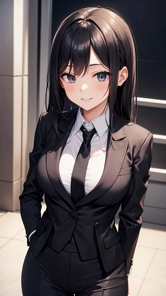 Sexy woman in a black suit tie smile