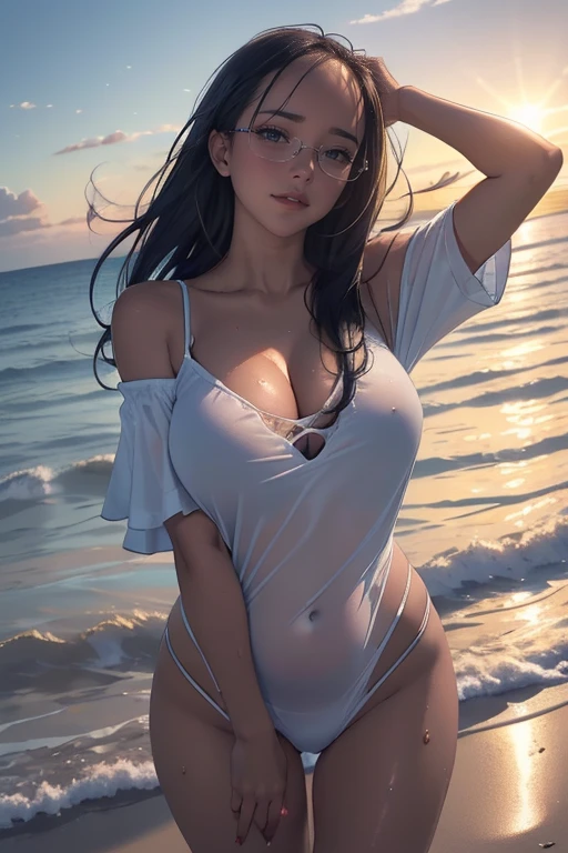 (best quality,4k,8k,highres,masterpiece:1.2),ultra-detailed,(realistic,photorealistic,photo-realistic:1.37),wet,erotic) wet and wet from rain,dripping wet,(naked slender woman with pert chest in sunset  beach with flowing water:),her wet body covered in water droplets,splashing water,rainy wet,waterdrops,very wet,soaking wet, Japanese talented model, sexy girl, drenched, beautiful Asian girl , Japanese goddess, (stunning slim perfect body with hot thin belly and pert breasts), ( the exceptional beauty, She has a neat slim figure and is the next big thing in the gravure industry, Japanese talented model, by Kentaro Miura,realistic very young gravure idol, sensual very young gravure idol,realistic sensual gravure idol, by Tadashi Nakayama, authored by Hideyama Kikugawa, Yoshitomo Nara , waves of extremely intense orgasms,screaming into tears,sudden irresistible sexual desires, drowning,wet hair,help,help,in distress,pleasure and pain,desperation,surrender,total loss of control,trembling,overwhelming sensations,overwhelming pleasure,uncontrollable release, (complete surrender to pleasure:), indescribable ecstasy,unbearable bliss,orgasmic overload,overwhelming climax,(shaking with pleasure) ,emotional release,cathartic experience,pleasure beyond imagination,unleashing primal desires,utter vulnerability,uncontainable passion,dark and overwhelming desire,sensory overload,blissful exhaustion,pure ecstasy,aching for release, in the depths of pleasure,in the depths of despair,  (powerful orgasm run through her body over and over, skin turning red), (divine  goddess), (imminent intercourse, intensive deep penetration:), ( into deep trance, into deep ecstasy:), (filled with most intense pleasure:, she is going crazy:), (cute fine face:), (youthful:), (ass intercourses ) , (manual masturbation:) (sharply buttocks), (well shaped legs), (elegantly sculpted body:1.79), (romantic sunset beach), (detailed eyes), (romance:1.47),  (sex appeal:),