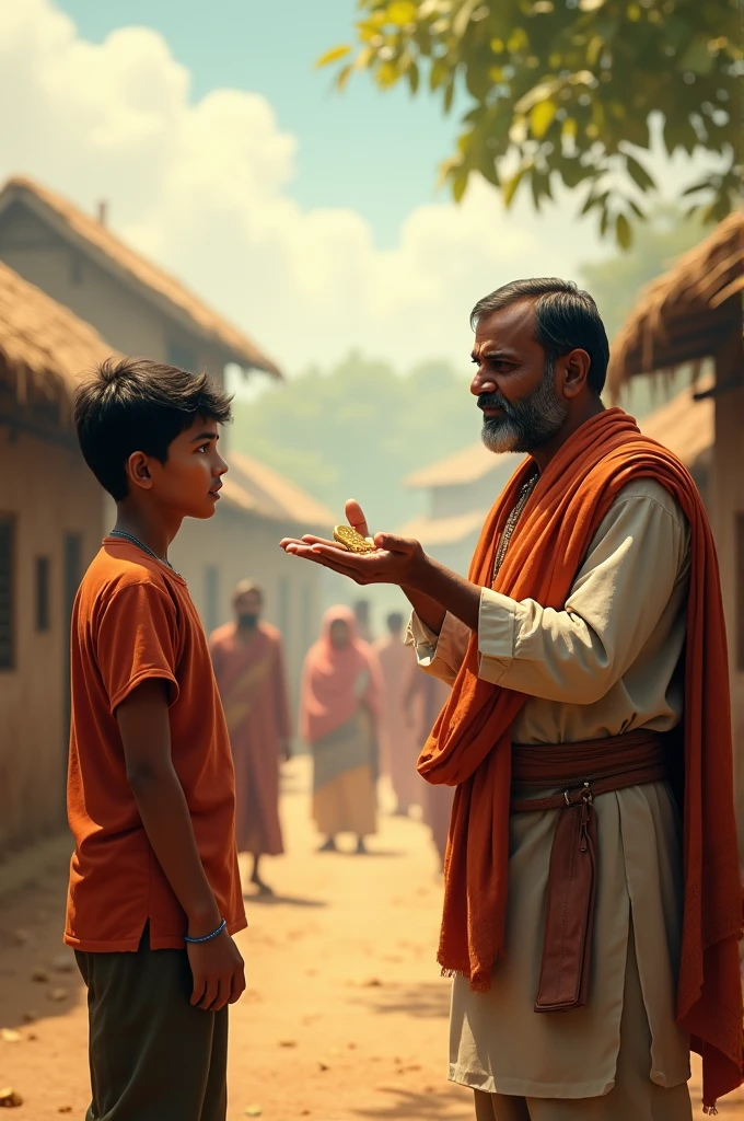 Create an image that the sky is cloudy, below is the sea with many boats, but there is a boy who is very beautiful, he has a tilak on his head and a small Rudraksha rosary in his hand and he also has some body parts. You are wearing light saffron clothes on your body That child is standing near a beggar The beggar has torn clothes and has a big beard on his face and that beggar is shouting at that child.