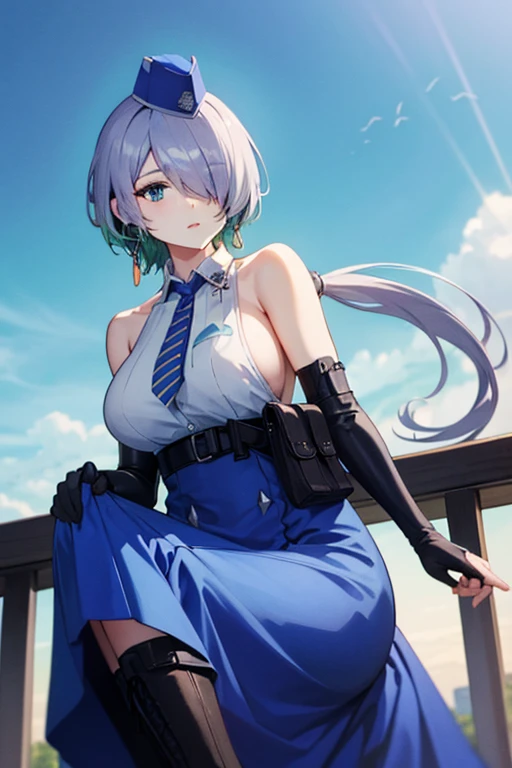 nikkebrid, large breasts, low ponytail, hair over one eye, earrings , garrison cap, sleeveless shirt, long skirt, blue necktie, belt pouch, elbow gloves, high heel boots, from below 