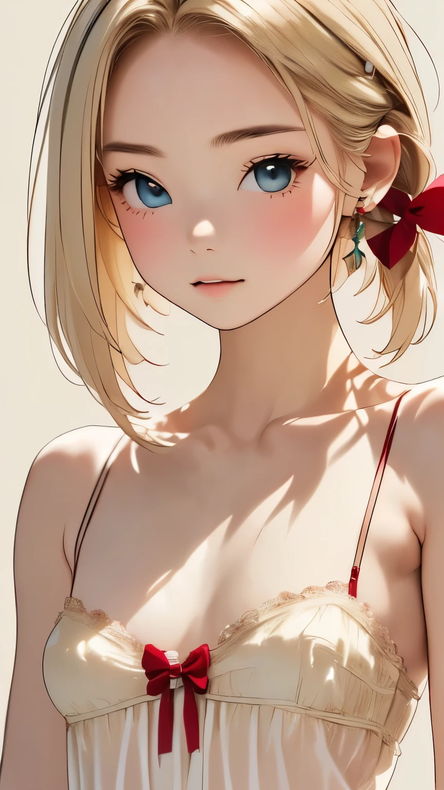 1 girl,Beautifully detailed face:1.3、Face close-up:1.****ur whole face fits in the frame:1.6、((She looks like a French doll with a big red bow in her hair.....:1.6))、 ((Small breasts:1.7))、(She is wearing a sheer camisole that is loose around the chest:1.7), ((I&#39;looking forward to it:1.6))、Pink Eyeshadow:1.6、((Looking into the camera:1.3))、Very beautiful Japanese idol portraits, 
(RAW Photos, Best Quality), (Realistic, Realistic:1.4), (masterpiece), 
Very delicate and beautiful, Very detailed, 2k wallpaper, wonderful, finely, Very detailed CG Unity 8K 壁紙, Very detailed, High resolution, Soft Light, 
Beautiful detailed girl, Very detailed目と顔, Beautiful and sophisticated nose, Big and beautiful eyes, Cinema Lighting, 
(Simple and calm background:1.3),
(Blonde medium hair:1.5), (Parted bangs), 
Complete Anatomy, Slender body,とてもSmall breasts, Sensual look