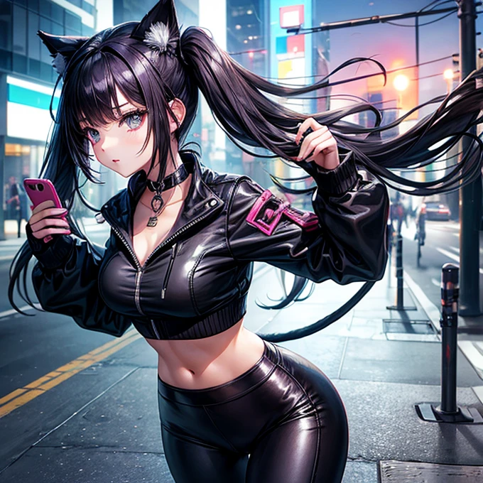 A girl with dark blue hair, cat ears and a tail, wearing a black bikini and racing pants Loli body type Twin tails Flat Chest Wearing a hoodie Butt in detail Holding a sword Sun-shaped eyes