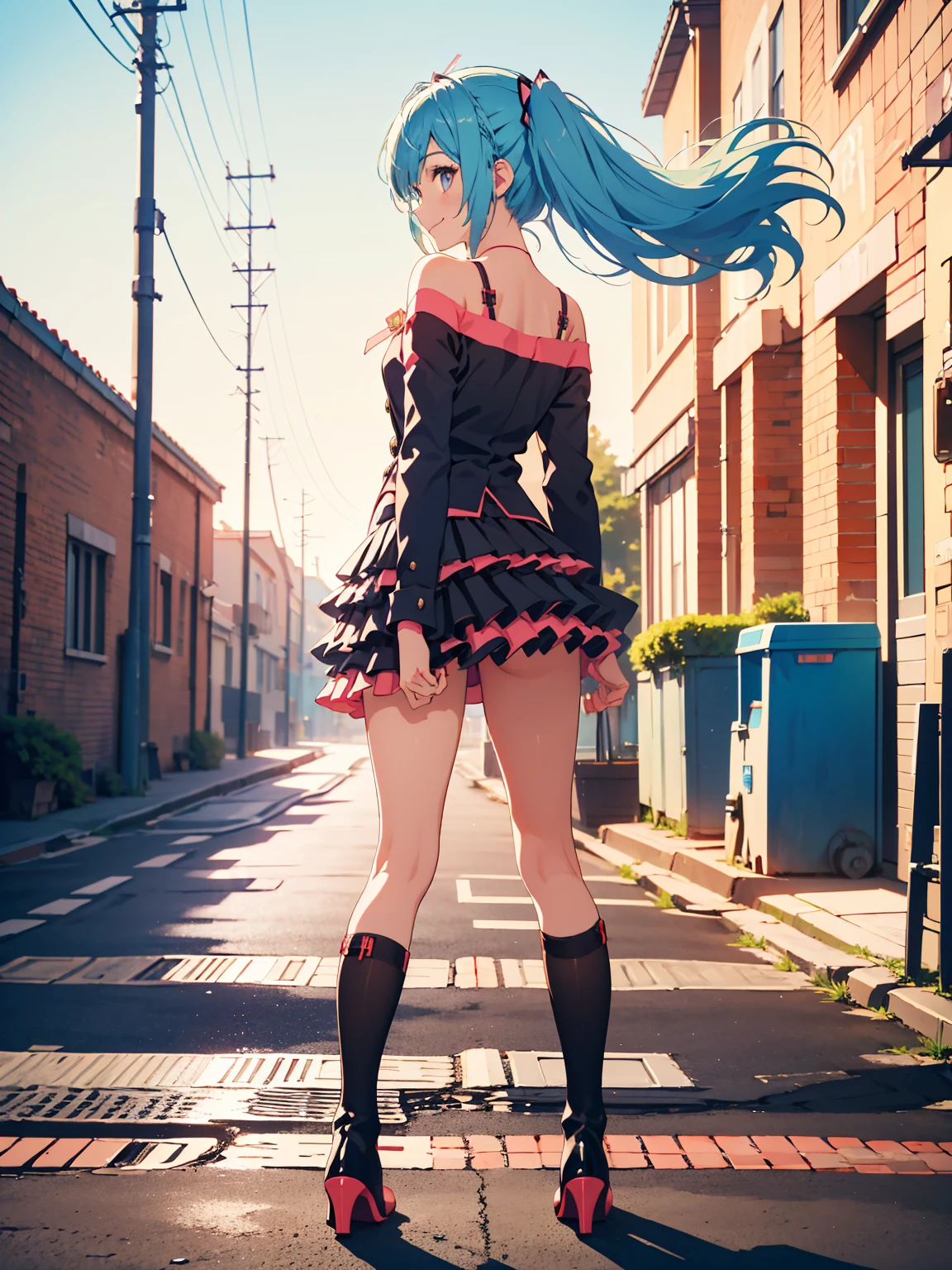 masterpiece, best quality, shiny, chromatic aberration abuse, pastel color, full body, 
1girl,solo, hatsune miku, smile, standing, streetside, from behind, layered skirt, long sleeves, underwear, black thighhighs, boots, high heels, off shoulder, (The skirt is rolled up by the wind:1.3), panty shot, looking back