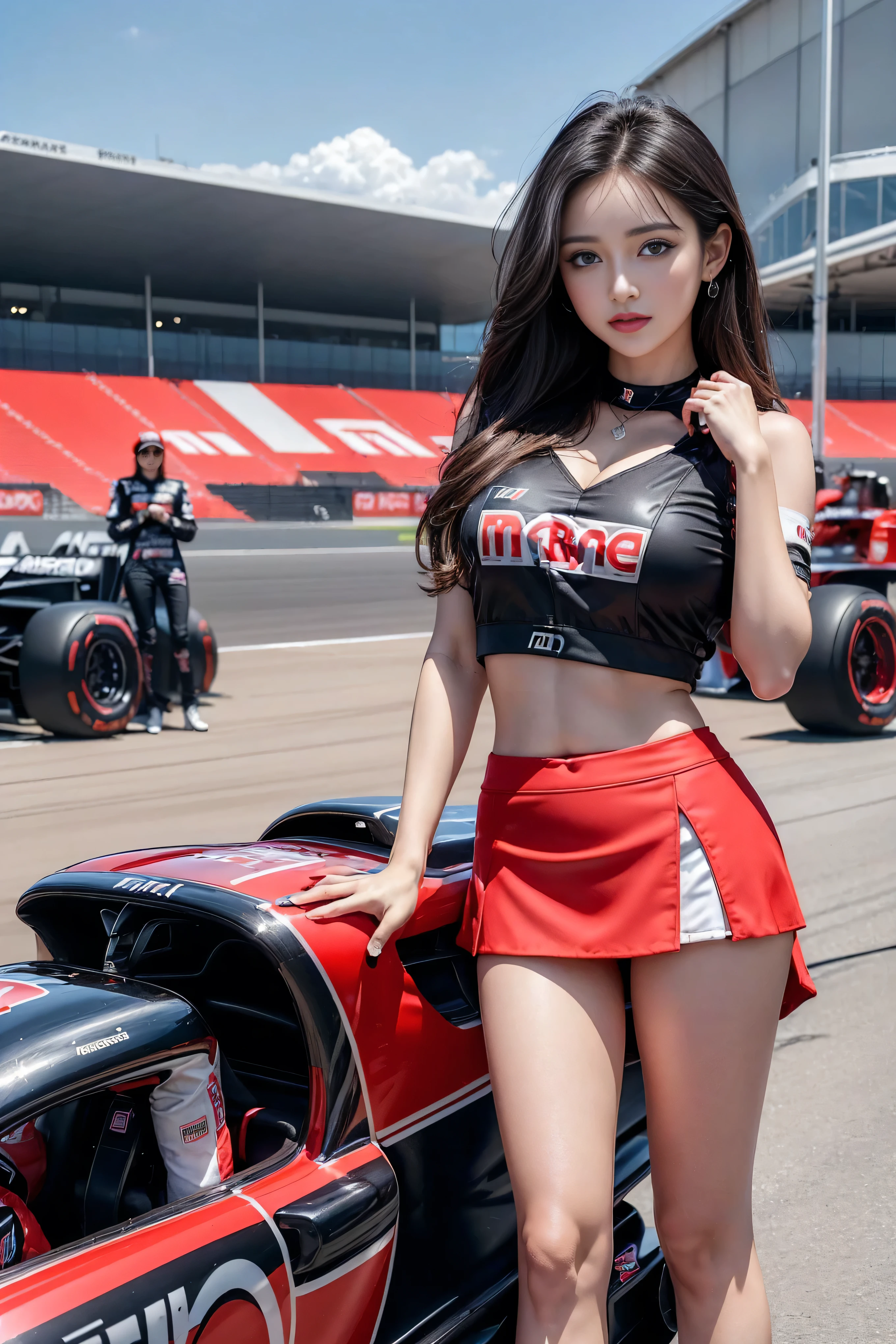 (masterpiece), ( MotoGP Racing Girls), (Eyeliner:0.5),(blush:0.5), Black Hair, A faint smile, Refers to a beautiful and delicate girl, Extremely detailed eyes and face, Beautiful and delicate eyes, , ((MOTOGP events)), (MotoGP track background), (best quality, high resolution, Reality, The original, 8K,masterpiece, ),(((Dynamic poses))),(((Midsection perspective))),(((Showing the underside of the chest ))),(((Red Mini Skirt Lift))),(((Bare inner thighs))),(((Formula One cars on display))), (Vibrant colors:1.2), (Beautifully),