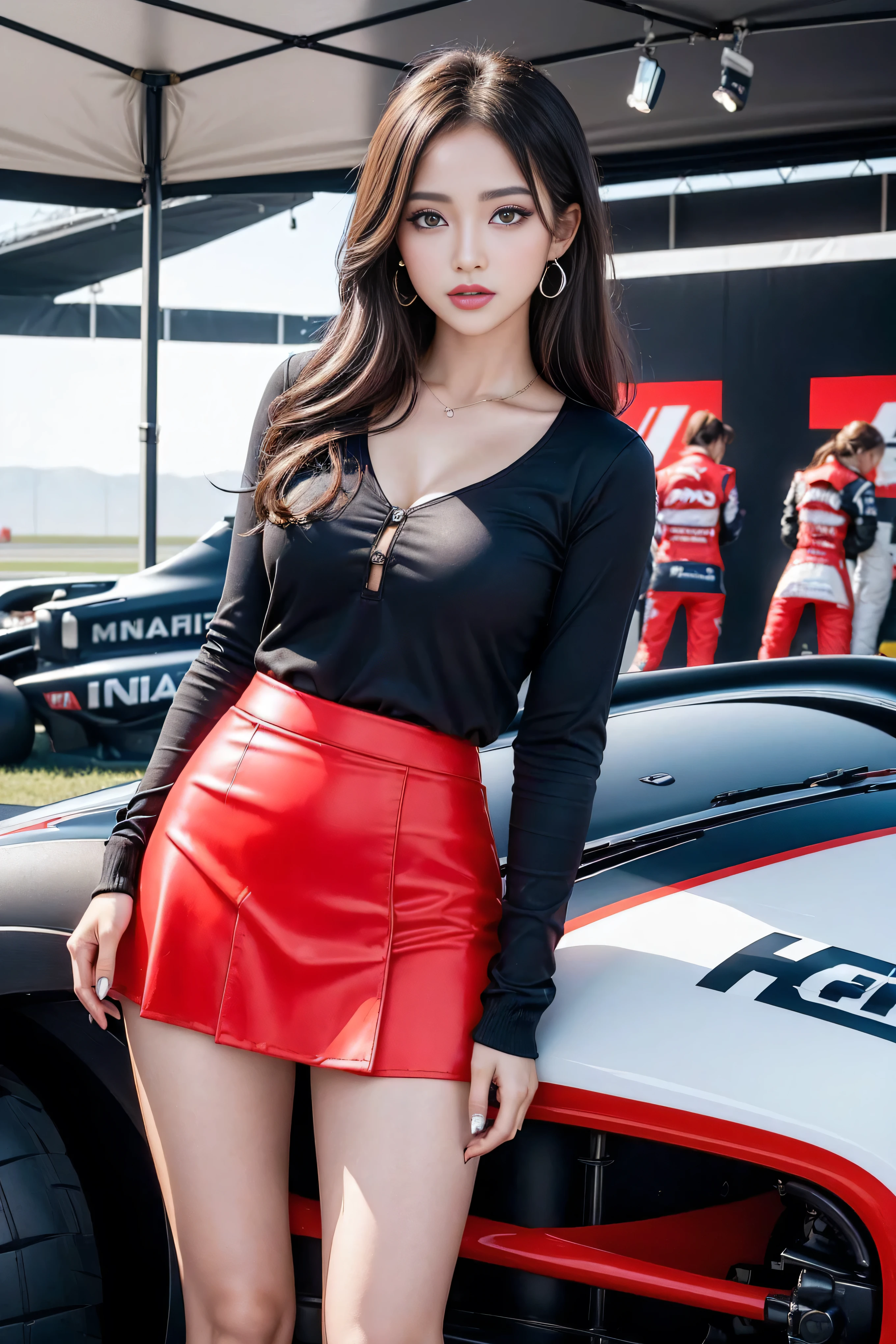 (masterpiece), ( MotoGP Racing Girls), (Eyeliner:0.5),(blush:0.5), Black Hair, A faint smile, Refers to a beautiful and delicate girl, Extremely detailed eyes and face, Beautiful and delicate eyes, , ((MOTOGP events)), (MotoGP track background), (Best quality, high resolution, Reality, original, 8K,masterpiece, ),(((Dynamic poses))),(((Mid-abdomen peek))),(((Show under chest ))),(((Red Mini Skirt Lift))),(((Bare inner thighs))),(((Formula One car on display))), (Bright colors:1.2), (Beautiful),