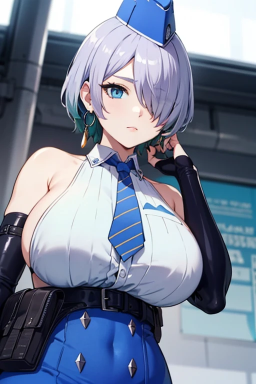 nikkebrid, large breasts, low ponytail, hair over one eye, earrings , garrison cap, sleeveless shirt, long skirt, blue necktie, belt pouch, elbow gloves, from below 