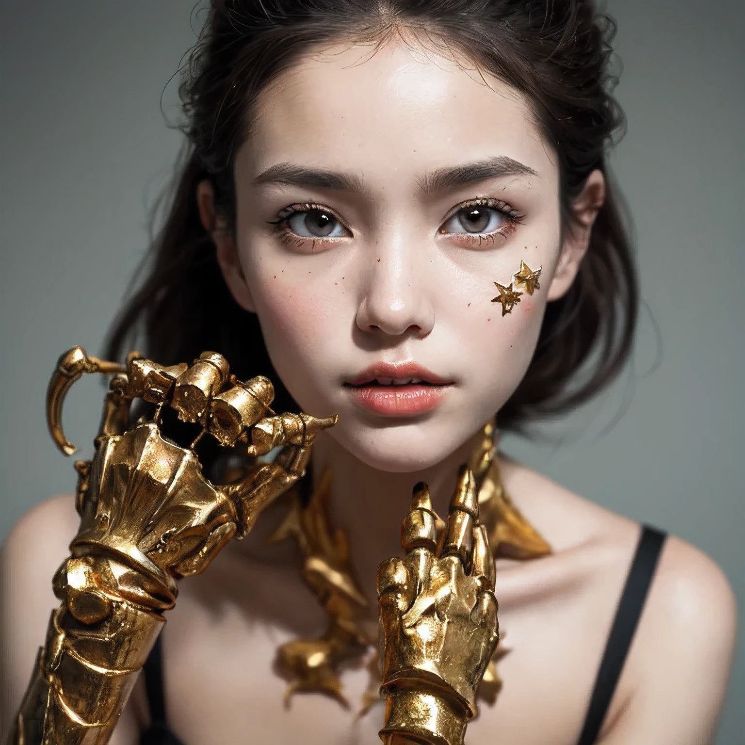 a close-up of a person holding a skull-headed body with molten gold wrapped around it
