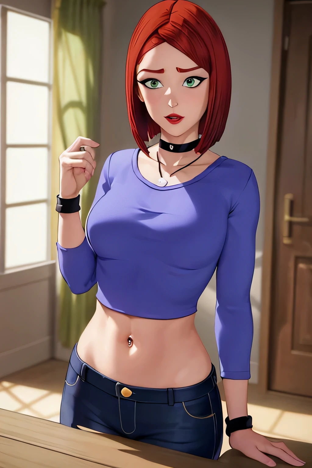 super fine illustration, vibrant colors, masterpiece, sharp focus, best quality, depth of field, looking down, cinematic lighting, ultra detailed, solo, 1girl, belly button, bellybutton, navel, tummy, choker, jewelry, necklace, black choker, blue shirt, crop top, long sleeves, black_pants, jeans, denim, wristband, red hair, short hair, green eyes, makeup, lipstick, red lips, bob cut, lips, mature woman , leaning back, indoors, embarrassed,  CARTOON_merry_jane_watson_SMTAS_ownwaifu, www.ownwaifu.com, indoors, hand on own stomach, blush, afraid, parted lips, navel piercing
