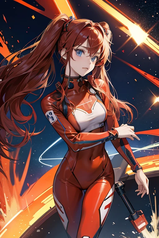 masterpiece, best quality, illustration, 1girl, souryuu asuka langley, long hair, black jacket, plugsuit, glow, glowing, smug, (smile:0.7), (from above:0.8)