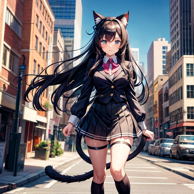 cute anime school girl demon red medium hair with bangs, red glowy eyes, realistic 8k, open legs, anime babe, lifting skirt but show  underneath skirt, big breasts, scho girl lingerie, stockings, uniform cosplay, graphic design, furry cat,