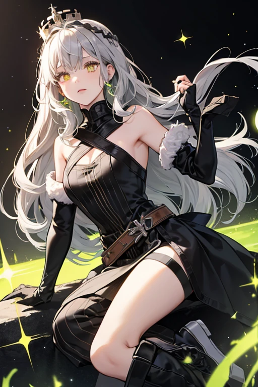 (masterpiece:1.3), (best quality:1.1), (8k, ultra detailed, ultra high res:1.2), ((anime style)), perfect 5 fingers, perfect ???????, 
1girl,
medium breasts, 
BREAK long hair, wavy hair, 
white hair, 
red eyes, 
BREAK dress,  
looking at viewer, 
BREAK cowboy shot, BREAK (detailed background:1.1), outdoor, aurora, at night, Starry Night Sky with Shooting Stars, 