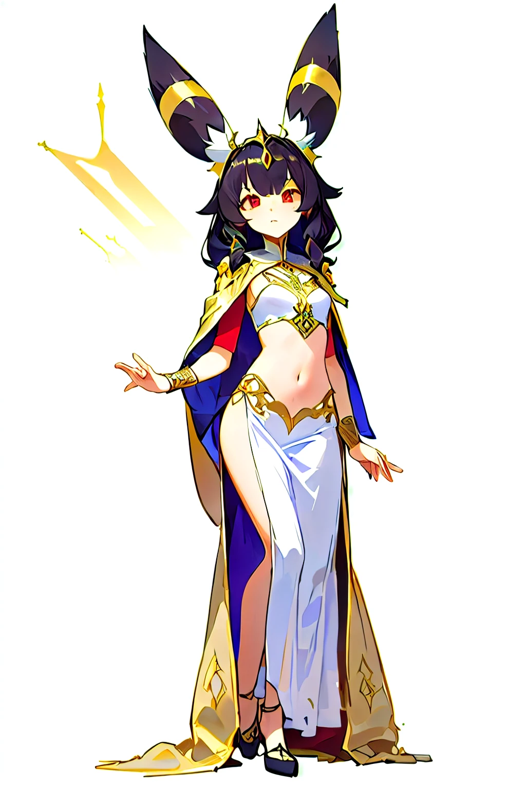 A medieval princess with Umbreon-like ears, inspired by the attire of Arab royalty during the later medieval period. She wears an elegant royal gown adorned with intricate gold embroidery and patterns, reflecting the noble fashion of the late Middle Ages. Her gown is a deep white with a flowing black cape, while her Umbreon-like ears are adorned with delicate medieval jewelry, including small rings. Despite the regal look, her anime-style features stand out—sharp, defined red eyes and a serious expression. Her outfit is a two-piece set: a pastel pink top that covers her chest but leaves her navel exposed, paired with a long, flowing skirt with gold details on the pink fabric. The scene is set in a grand castle courtyard or throne room, framed by medieval architecture in the background.