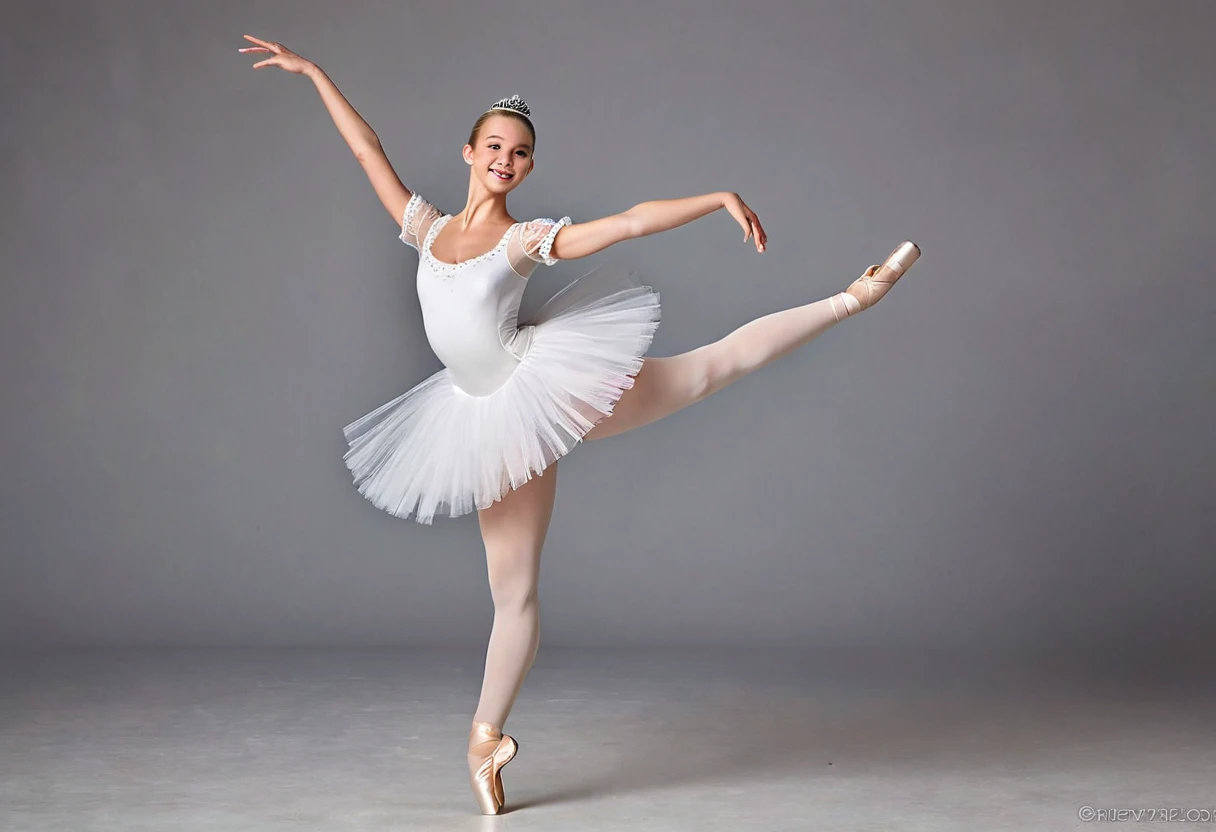 Front view, Full body, Ballet pose, Arabesque, (a position on one leg with the other leg extended straight behind the body, and arms extended to create a long line), looking at viewer, French female, Age: 20-age, she is French ballerina,  (blond hair , chignon , fringe,  beautiful blue eye, little smile, tiara), (middle cup breasts, slender whist, middle hip),(White ballerina dress, A fitted bodice with delicate lace trim and short puffed sleeves), (A White classic tutu with layers of tulle, extending just above the knees), (Ballet slippers with satin ribbons tied around the ankles) , French 19centry ballet , standing on ballet オペラ座の stage (super detail, high details, high quality, accurate, anatomically correct, textured skin, beautiful fingers super detail, high details, high quality, best quality)