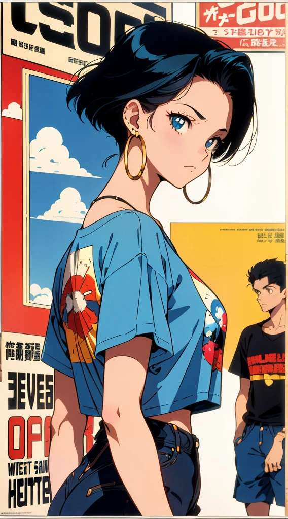 Beautiful girl with short black hair, hoop earrings in her ear, print t-shirt, 90s anime style, vintage style, Shinichiro Watanabe, cinematic angle, (((Vintage poster 90s))), ((Vintage poster 90s))