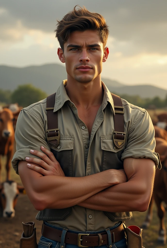 HD quality, high definition, male 18 years old handsome, muscular and slim, red lips, leaning against haystacks, ((exposed Vagina)), model with bracelets, dangled earrings and Necklace, sexy nude with shoes, ((male only)), wearing farmer’s hat and long boots, holding a rope, very handsome, wearing open vest, on a valley farm, in the middle of the sunlight
