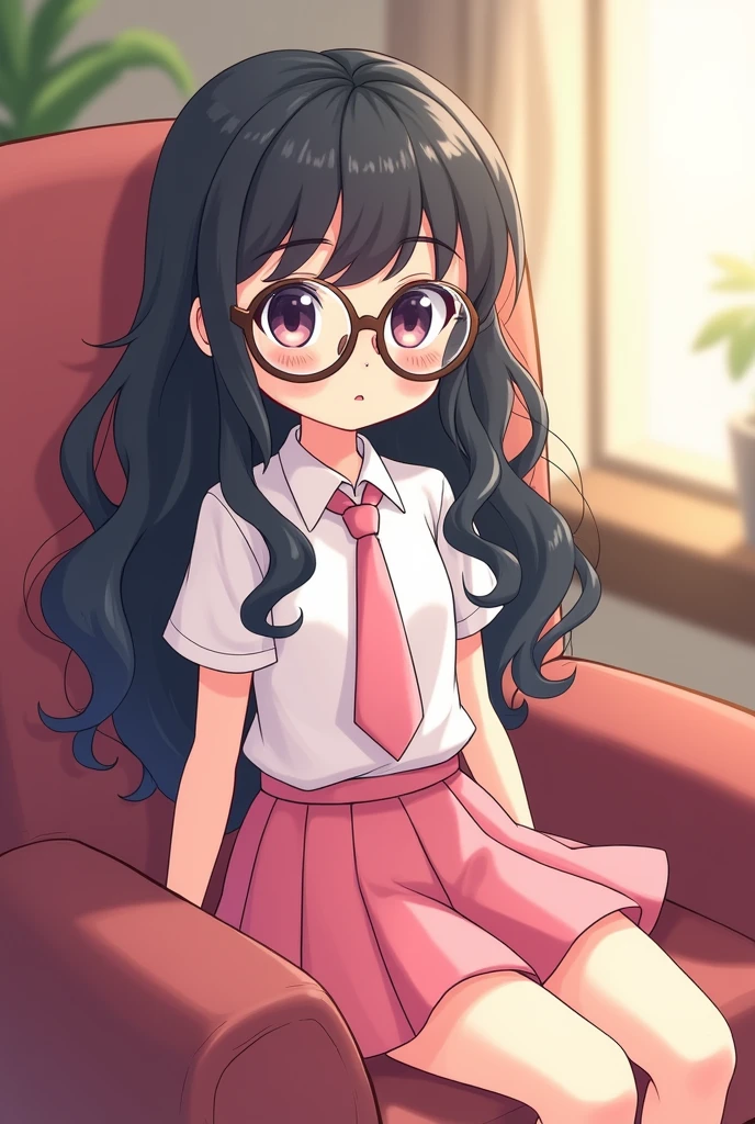 Anime nerdy girl, black hair, hair highlights, tan skin, full body, nail polish, round glasses, frilly skirt, flower hair accessory, white leggings, sitting down, thinking