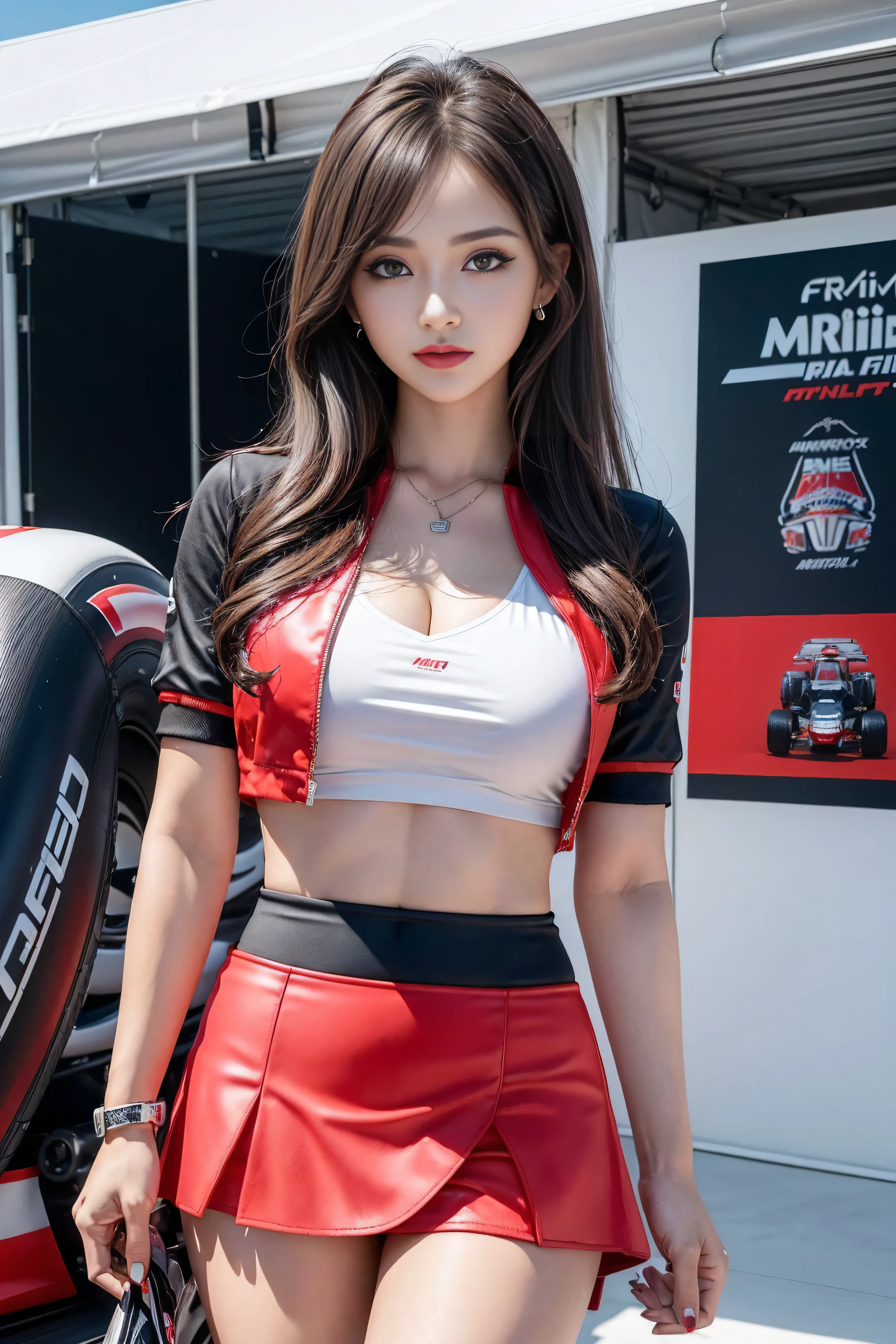 race queen, grid girl, skirt, sleeveless, master piece , best quality , detailed , bangs , woman , smile
