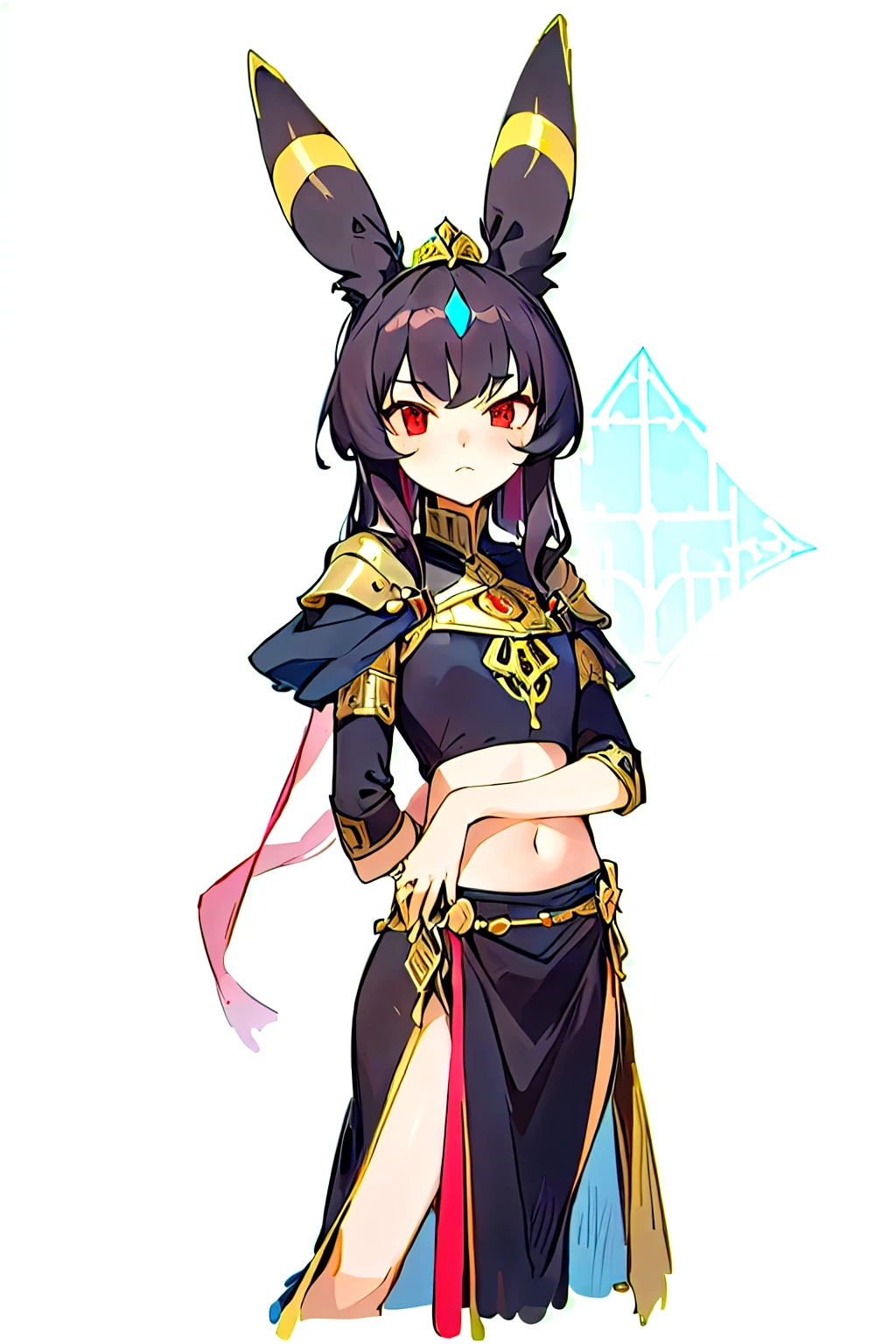 A medieval princess with Umbreon-like ears, inspired by the attire of Arab royalty during the later medieval period. She wears an elegant royal gown adorned with intricate gold embroidery and patterns, reflecting the noble fashion of the late Middle Ages. Her gown is a deep white with a flowing black cape, while her Umbreon-like ears are adorned with delicate medieval jewelry, including small rings. Despite the regal look, her anime-style features stand out—sharp, defined red eyes and a serious expression. Her outfit is a two-piece set: a pastel pink top that covers her chest but leaves her navel exposed, paired with a long, flowing skirt with gold details on the pink fabric. The scene is set in a grand castle courtyard or throne room, framed by medieval architecture in the background. She has a petitte aparience